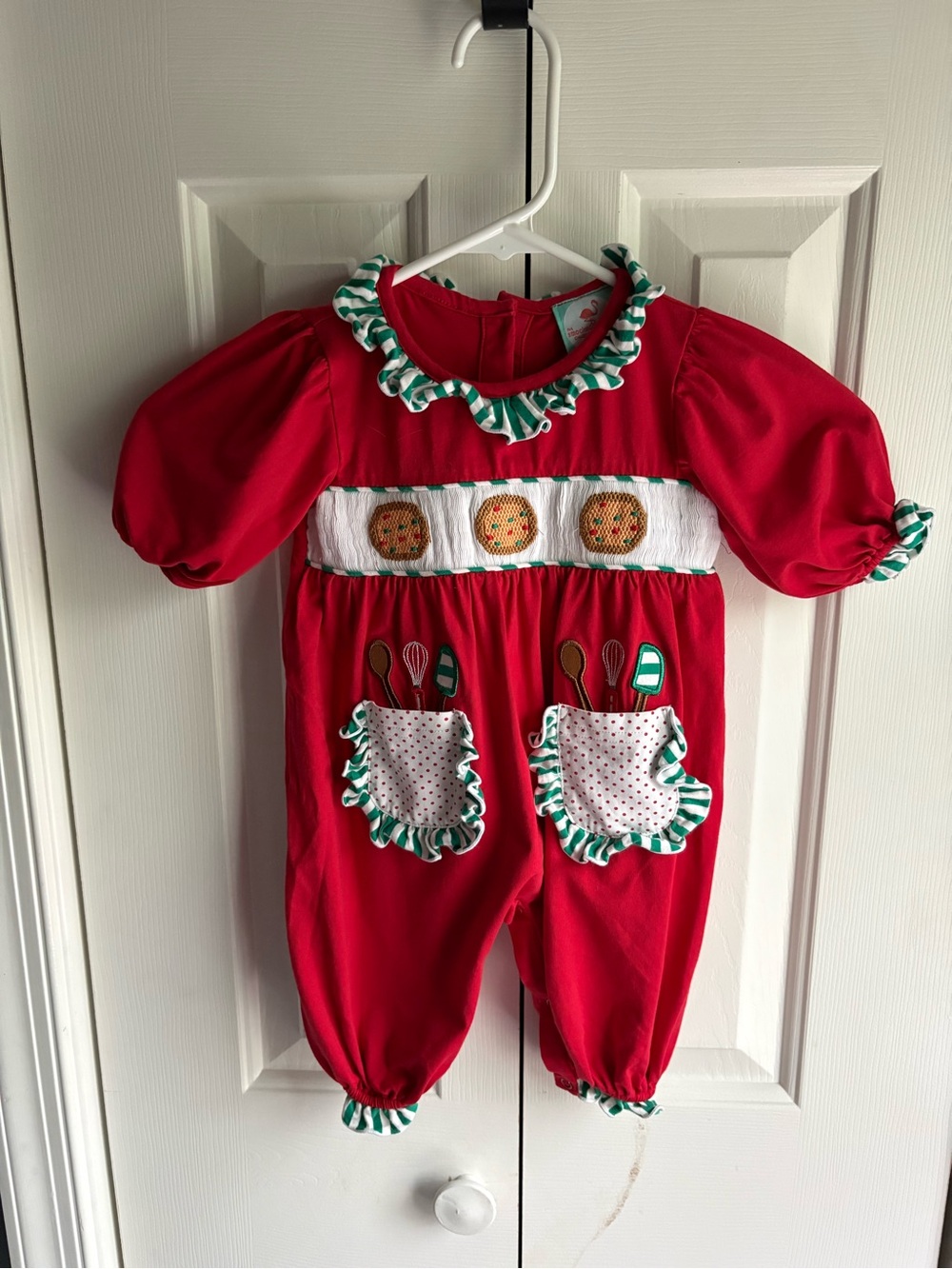 The Smocked Flamingo Baby Girl Red Holiday Cookie Baking Romper Size 3 Months
